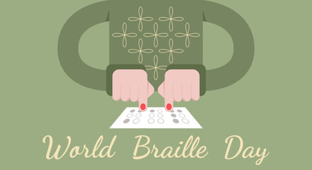 Awareness banner for World Braille Day with reading blind person - obrazy, fototapety, plakaty