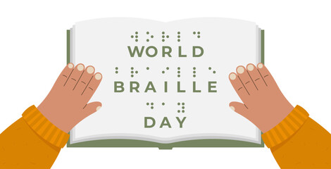 Awareness banner for World Braille Day with human hands with book