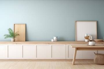 A coastal-inspired kitchen with beachy decor and an empty mockup frame on the sandy-colored wall. Empty mockup frame.