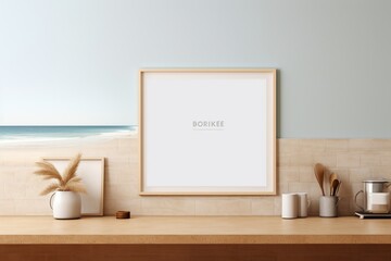 A coastal-inspired kitchen with beachy decor and an empty mockup frame on the sandy-colored wall. Empty mockup frame.
