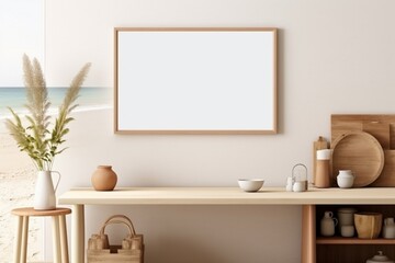 A coastal-inspired kitchen with beachy decor and an empty mockup frame on the sandy-colored wall. Empty mockup frame.