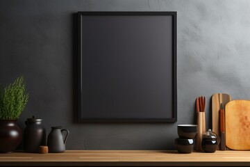 A dark and moody kitchen interior with black cabinets and a blank mockup frame hanging on the charcoal-gray wall. Empty mockup frame.