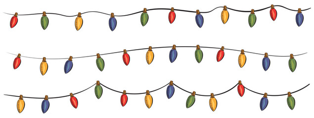Christmas garland in trendy groovy retro cartoon style. Happy New year and Merry Christmas characters. 70s Vibes groovy garland.Vector Illustration.Christmas lights. 