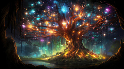 Magic glowing tree in dark forest