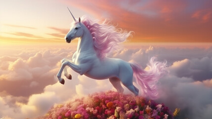 Obraz na płótnie Canvas Magic unicorn in fantastic idyllic landscape
