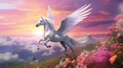 Pegasus flying in idyllic world of pink light and flowers