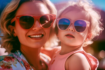 a mother and child in a bright outdoor setting