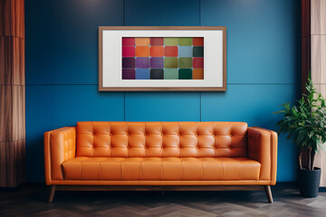 Interior de sala de estar moderna con sofá naranja, pared azul junto con cuadro