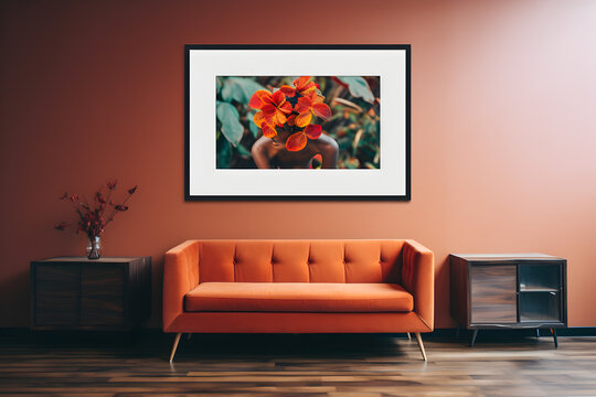 Interior de sala de estar con sofá naranja, jarrón de flores y cuadro de flores