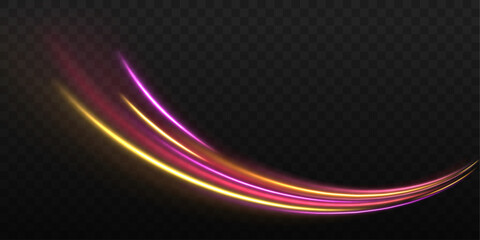 Neon color glowing lines background, high-speed light trails effect.  Neon motion glowing wavy lines. Purple glowing wave swirl, impulse cable lines. Vector.