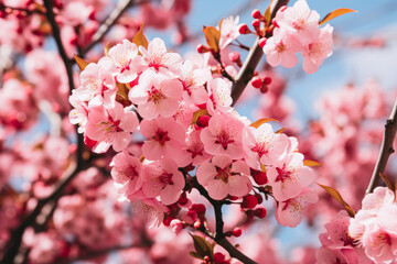 Obraz premium Cluster of pink cherry blossom flowers with emerging buds on a bright day, showcasing the vibrant spring bloom.