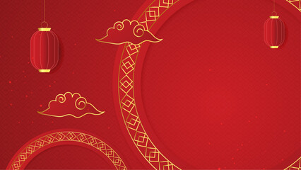 Red and gold vector realistic chinese new year background. Happy Chinese new year background banner template design with dragons, clouds and flowers