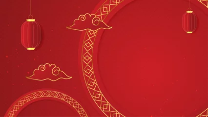 Fotobehang Red and gold vector realistic chinese new year background. Happy Chinese new year background banner template design with dragons, clouds and flowers © TitikBak