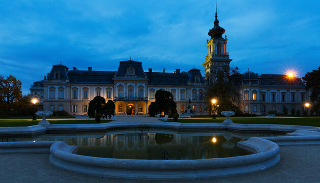 Night Festetics Palace is historical landmark of Keszthely in Hungary outdoors.