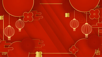 Red and gold vector happy chinese new year with cloud and lantern on background with copy space area. Happy Chinese new year background. 2024. Year of the Dragon.