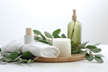 Fototapeta na wymiar Spa concept with eucalyptus oil and eucalyptus leaf extract natural /organic spa cosmetics products, eco friendly bathroom accessories