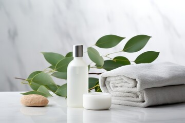 Obraz na płótnie Canvas Spa concept with eucalyptus oil and eucalyptus leaf extract natural /organic spa cosmetics products, eco friendly bathroom accessories
