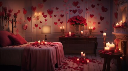 The inside of a softly lit bedroom adorned with roses, hearts, and tables in celebration of Valentines Day
