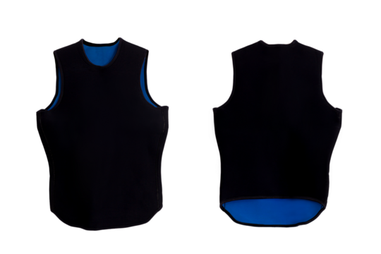 Male black and blue short diving plastic wet suit for underwater swimming with transparent background