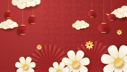 Red white and gold chinese style decorative background design luxury vector illustration. Trendy happy chinese new year 2024 design template. - obrazy, fototapety, plakaty