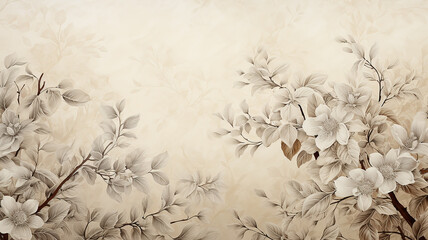 backdrop is a beige delicate background with a frame of floral ornament, warm parchment color and autumn tree branches - obrazy, fototapety, plakaty
