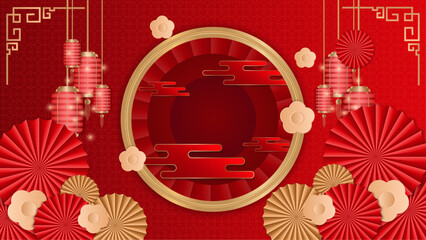 Red and gold vector elegant chinese lunar year design. Happy Chinese new year background with clouds, lantern, gold asian elements on red background