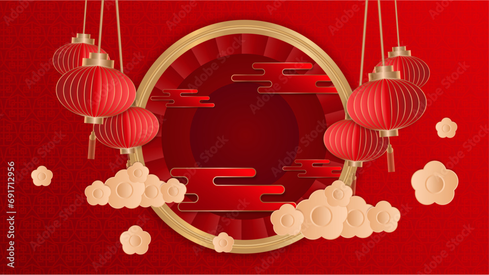 Wall mural Red and gold vector gradient chinese new year background. Happy Chinese new year background with clouds, lantern, gold asian elements on red background