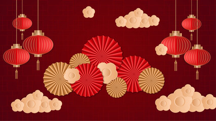 Red and gold vector modern chinese background design illustration. Happy Chinese new year background with clouds, lantern, gold asian elements on red background