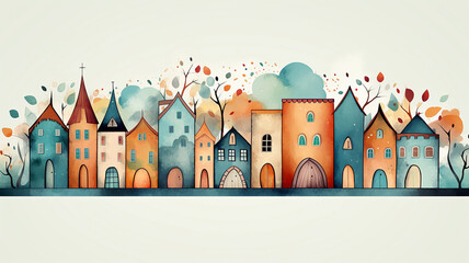 a row of colorful watercolor houses, a city street is a simple multicolored illustration for a children's book - obrazy, fototapety, plakaty