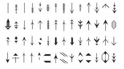 arrow, collection of icons of small black pointer arrows for design isolated on a white background, flat minimalism graphics, set of illustrations