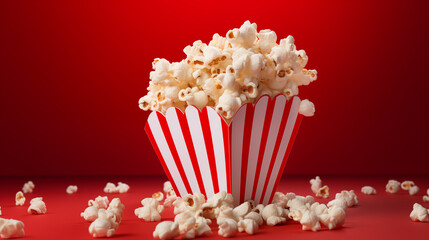 Mockup National Popcorn Day Postcard, Celebration Favorite Popcorn Snack, Red Background. Greetings Card. Paper Cup, Red Striped Bucket With Popcorn. Design. Ai Generated. Horizontal Plane