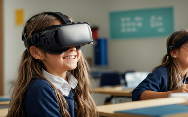 portrait of a schoolgirl girl wearing virtual reality glasses at school interactive