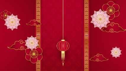 Red pink and gold vector elegant chinese lunar year design. Happy Chinese new year background for poster, banner, flyer, greeting card, and sale