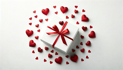 White Gift box and festive red hearts on white background. Gift concept for Valentine Day, Wedding or Birthday, flat lay 