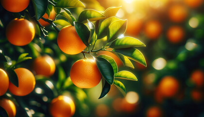 oranges branch with green leaves on tree  - obrazy, fototapety, plakaty