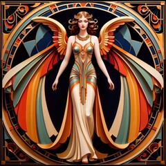 Holy female angel in divine pose with wings, religious icon vintage art deco illustration