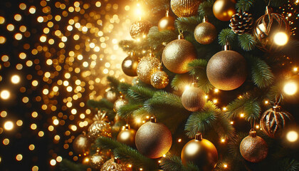 Obraz na płótnie Canvas Christmas Tree With gold Baubles close-up against backdrop of golden sparkling Christmas lights. Wide format banner. Background with atmosphere of celebration and magic