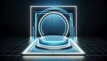 Beautiful futuristic technological light blue podium with light neon panels for product presentation 