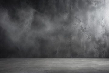 Empty dark abstract cement wall and studio room with smoke float up interior texture
