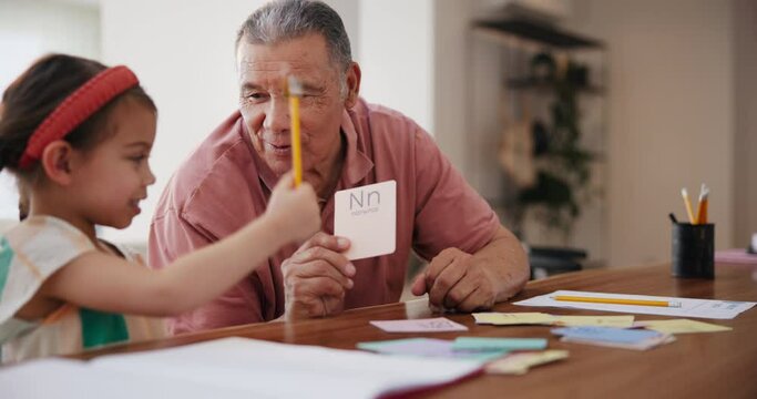 School, card and a grandfather teaching his granddaughter in the living room of a home together. Education, study or homework and girl learning with a senior man in an apartment for child development