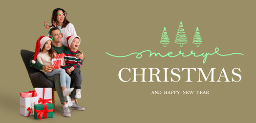 Greeting banner for Merry Christmas and Happy New Year with happy family