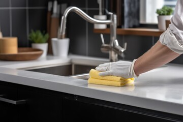 man wiping the kitchen counter and sink with a sponge - obrazy, fototapety, plakaty