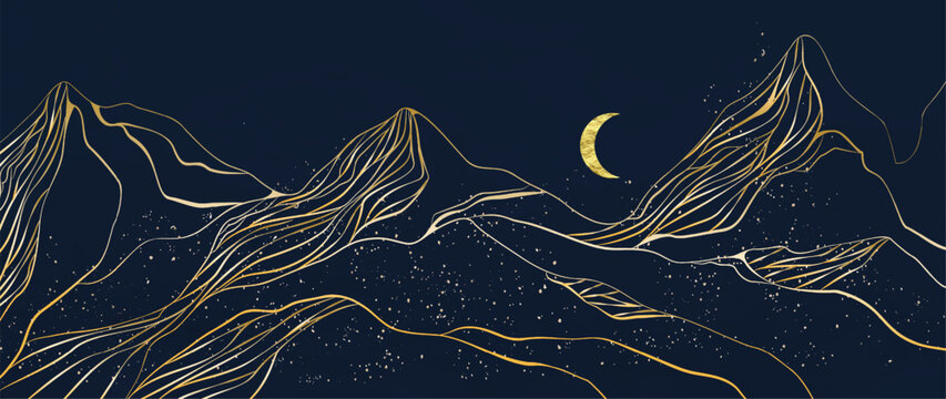 Luxury dark art background with mountains and hills in golden hand drawn art line style. Landscape banner for decoration, print, textile, wallpaper, interior design.