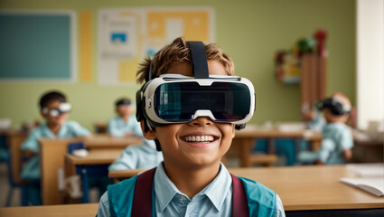 portrait of a schoolboy wearing virtual reality glasses at school
