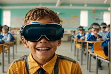 portrait of a schoolboy wearing virtual reality glasses at school futuristic