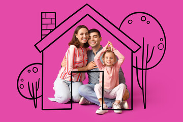 Happy family dreaming about their new house on purple background