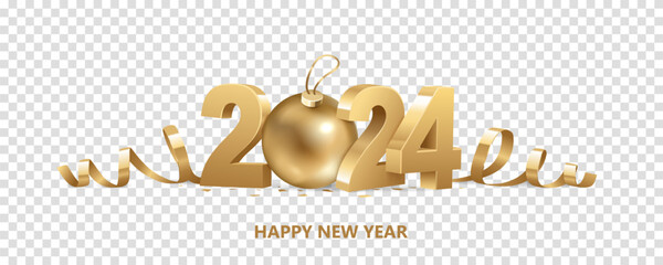 Happy New Year 2024. Golden 3D numbers with ribbons, golden Christmas ball and confetti, isolated on transparent background.