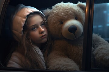 A young girl holding a teddy bear and looking out of the car
