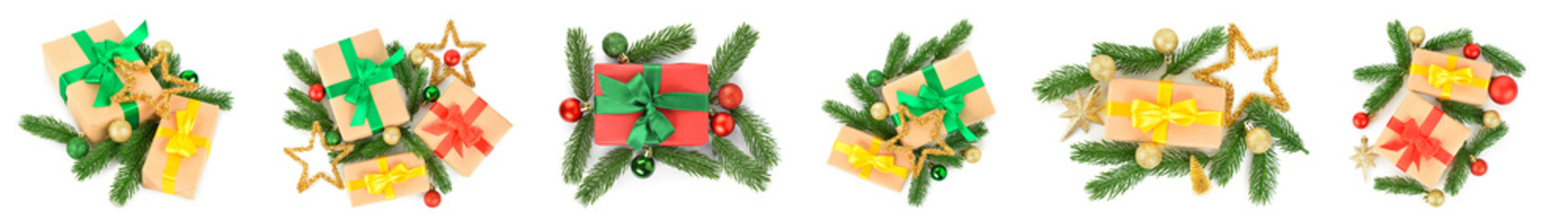 Set of Christmas gift boxes and decorations on white background