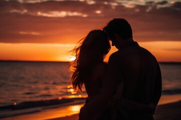 A man and a woman hugging and looking at the sunset on the beach  - obrazy, fototapety, plakaty